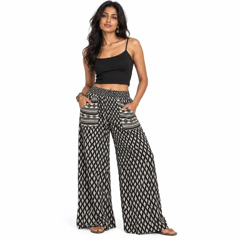 Urban Gypsie Boho Women's Wide Leg Palazzo Pants Black White 100% Rayon Size M